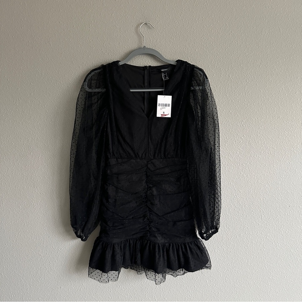NWT Black Polka Dot Fitted Puff Sleeve Mini Dress Small